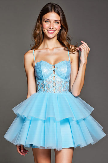 Tiered Sky Blue Corset Tulle Short Homecoming Dress with Appliques